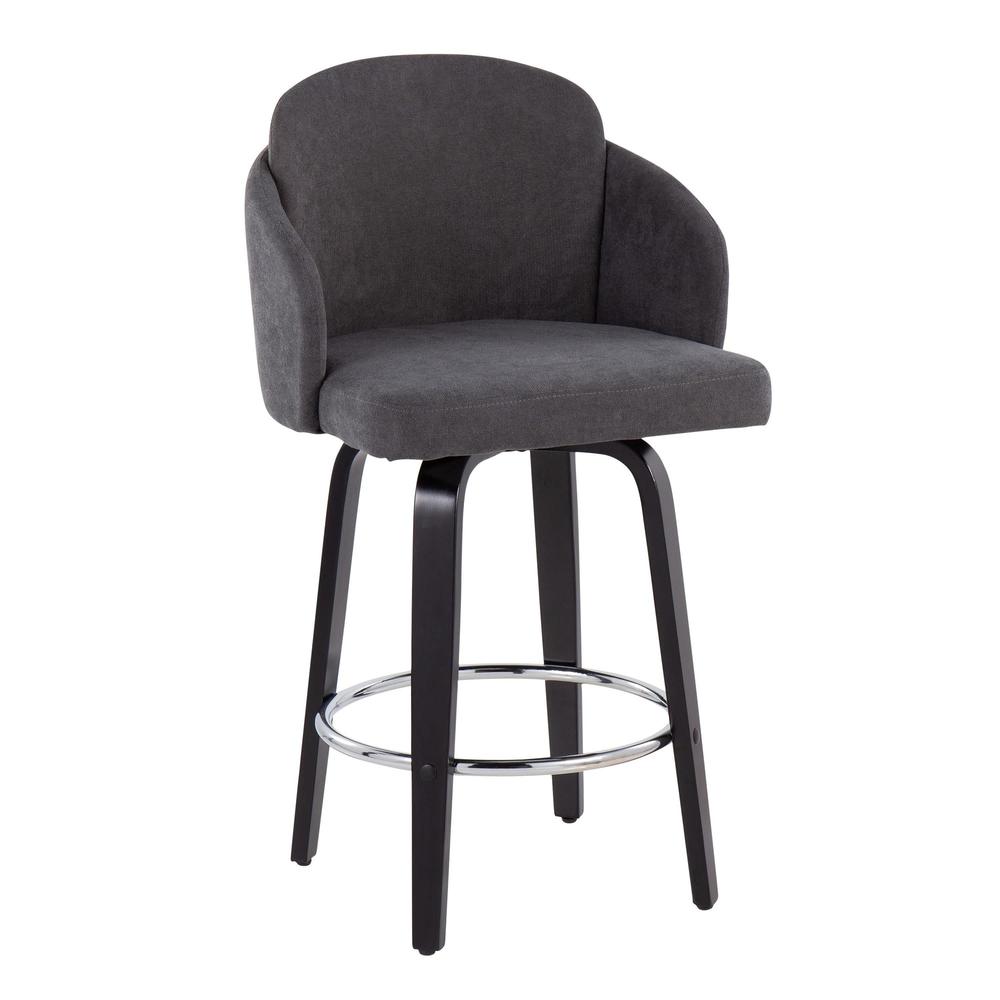 Black Wood, Grey Fabric, Chrome Dahlia Counter Stool - Set of 2