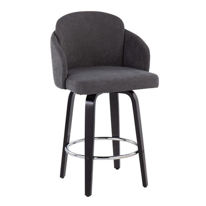 Black Wood, Grey Fabric, Chrome Dahlia Counter Stool - Set of 2