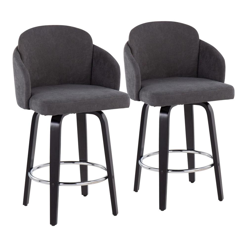 Black Wood, Grey Fabric, Chrome Dahlia Counter Stool - Set of 2