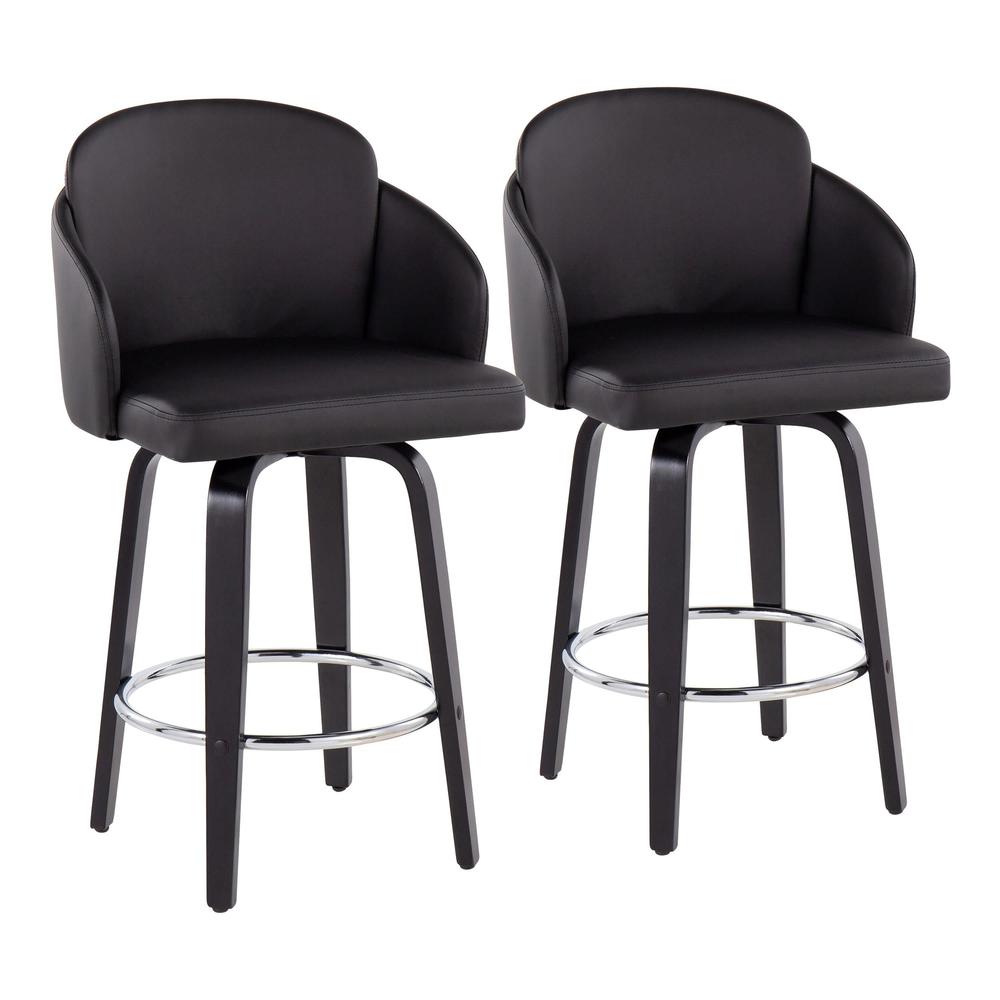 Black Wood, Black PU, Chrome Dahlia Counter Stool - Set of 2