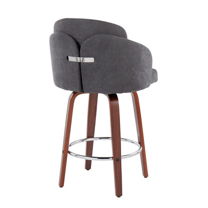 Walnut Wood, Grey Fabric, Chrome Dahlia Counter Stool - Set of 2