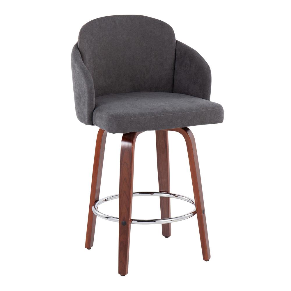 Walnut Wood, Grey Fabric, Chrome Dahlia Counter Stool - Set of 2