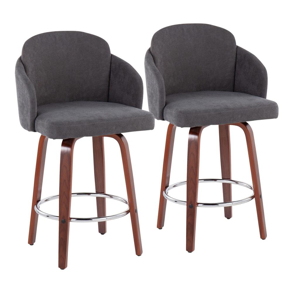 Walnut Wood, Grey Fabric, Chrome Dahlia Counter Stool - Set of 2