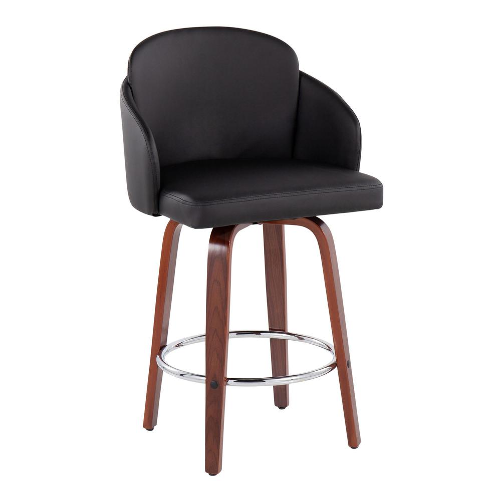 Walnut Wood, Black PU, Chrome Dahlia Counter Stool - Set of 2