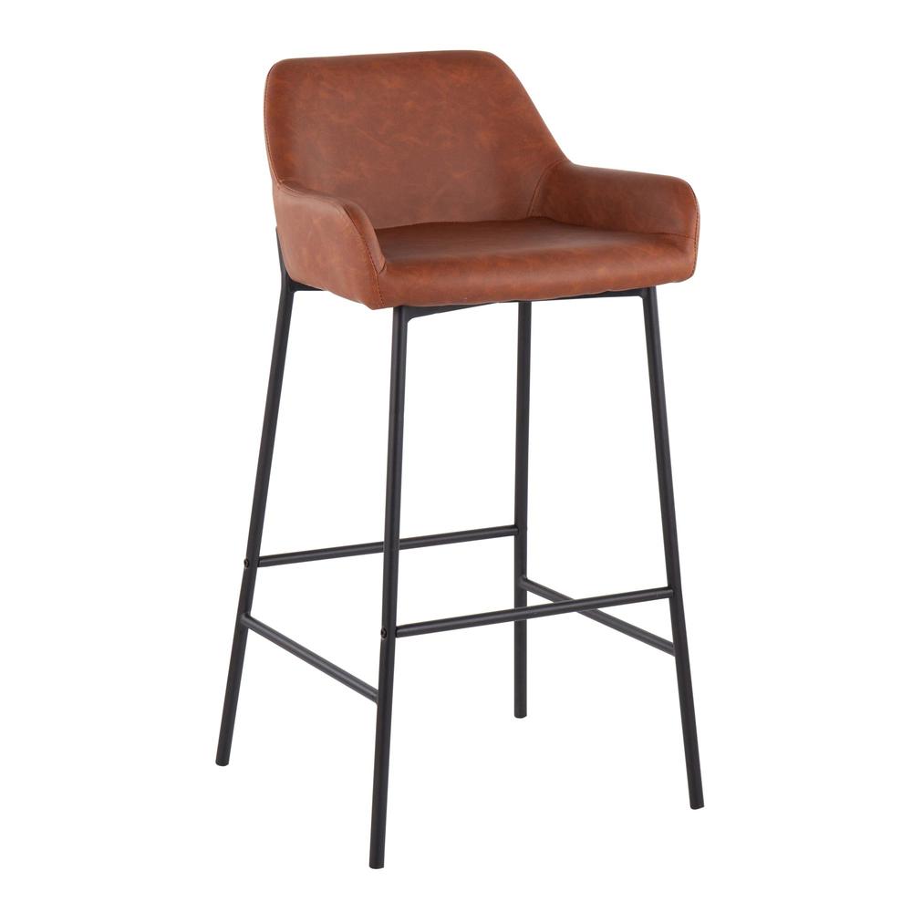 Black Metal, Camel PU Daniella Fixed-Height Bar Stool - Set of 2