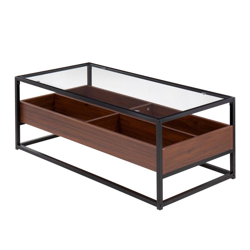Black Steel, Walnut Wood, Clear Glass Display Coffee Table