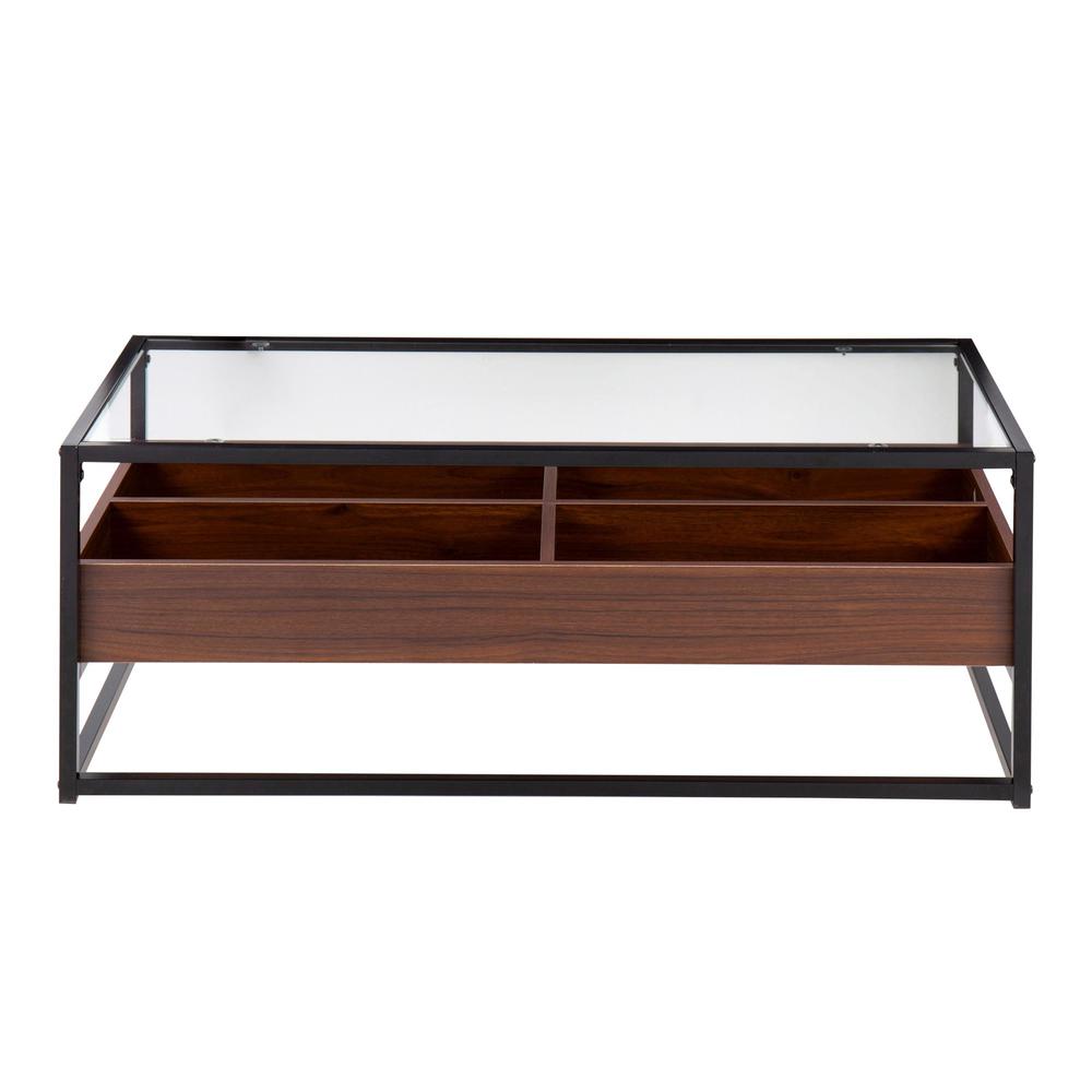 Black Steel, Walnut Wood, Clear Glass Display Coffee Table