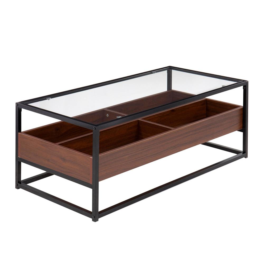 Black Steel, Walnut Wood, Clear Glass Display Coffee Table