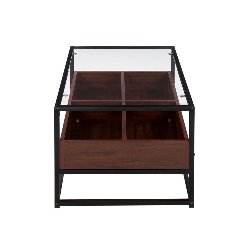 Black Steel, Walnut Wood, Clear Glass Display Coffee Table