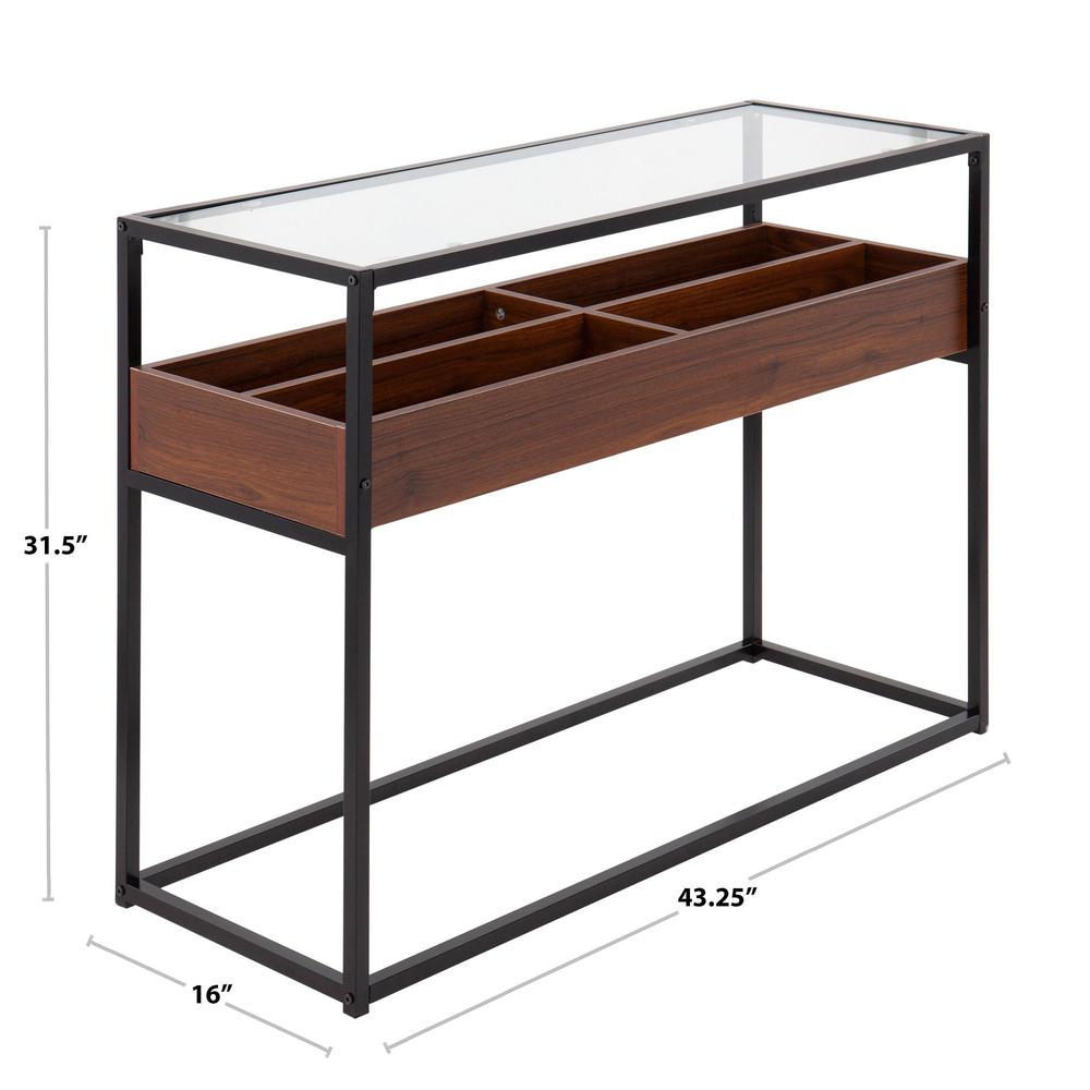 Black Steel, Walnut Wood, Clear Glass Display Console Table
