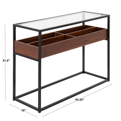 Black Steel, Walnut Wood, Clear Glass Display Console Table