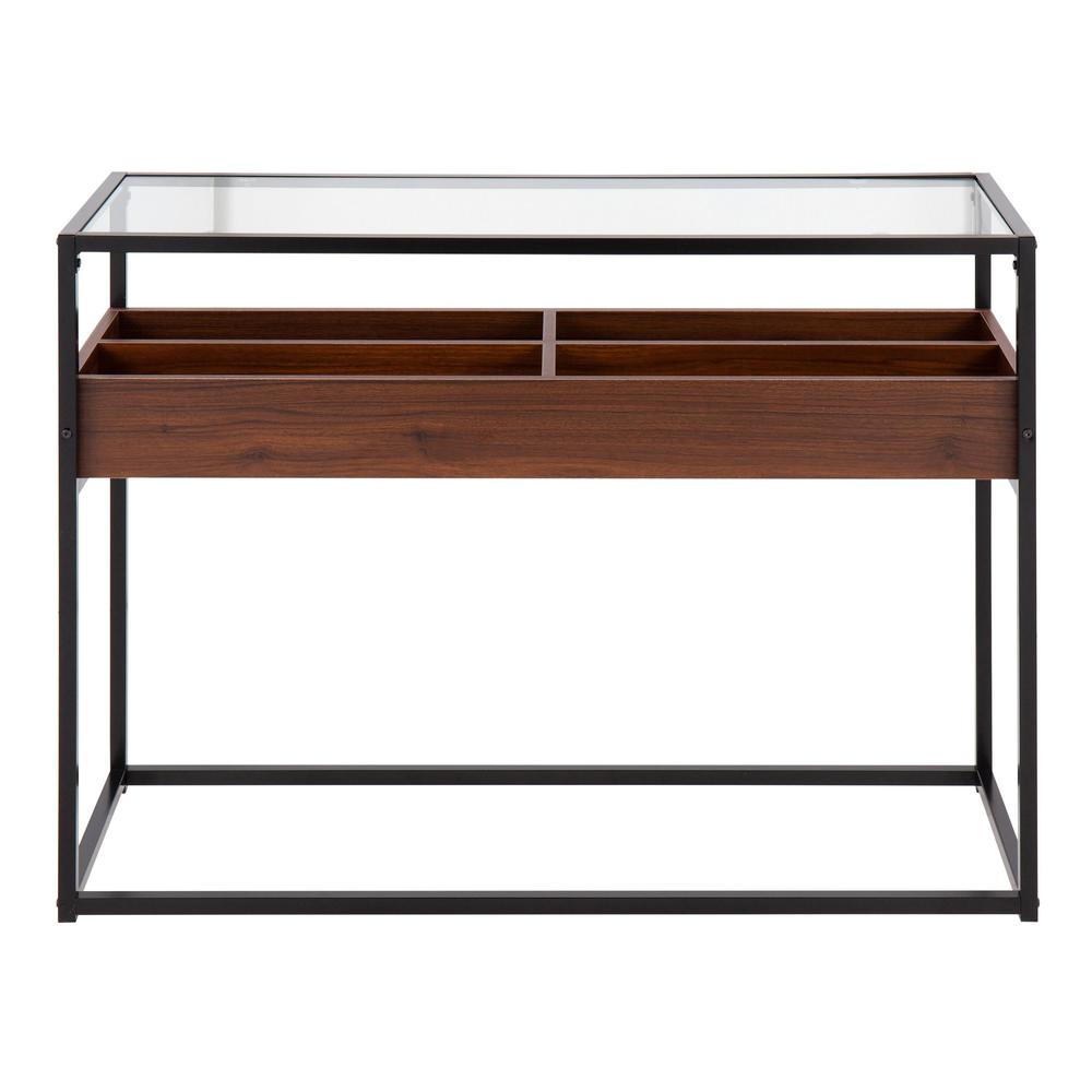 Black Steel, Walnut Wood, Clear Glass Display Console Table