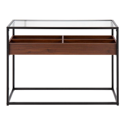 Black Steel, Walnut Wood, Clear Glass Display Console Table