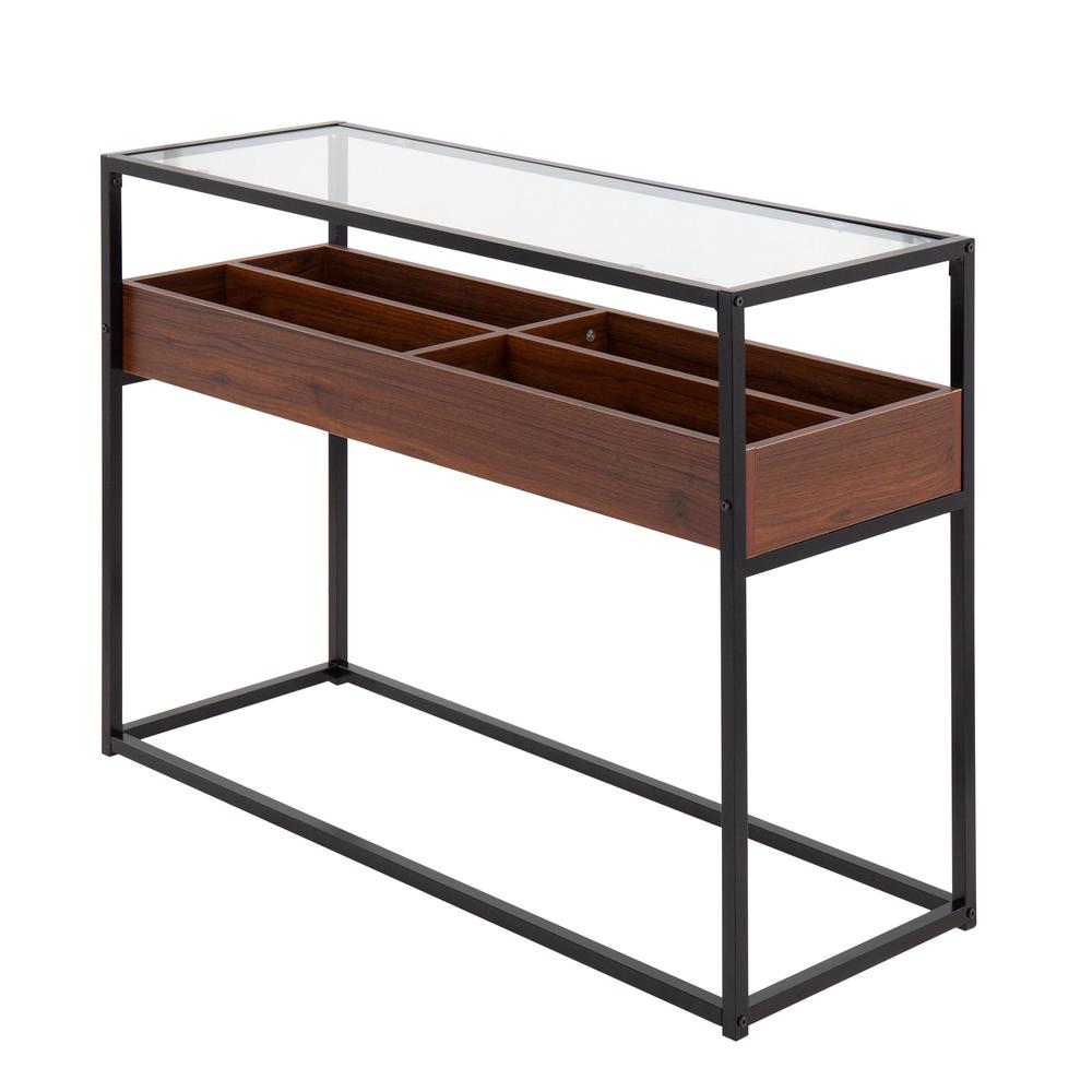 Black Steel, Walnut Wood, Clear Glass Display Console Table