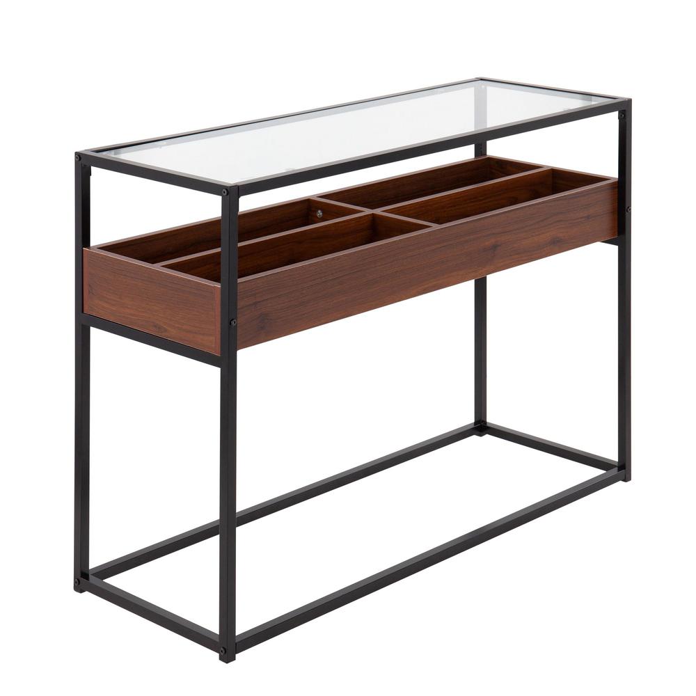 Black Steel, Walnut Wood, Clear Glass Display Console Table