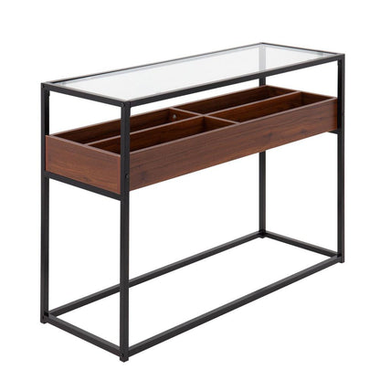 Black Steel, Walnut Wood, Clear Glass Display Console Table