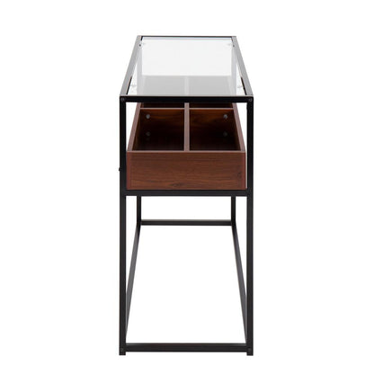 Black Steel, Walnut Wood, Clear Glass Display Console Table