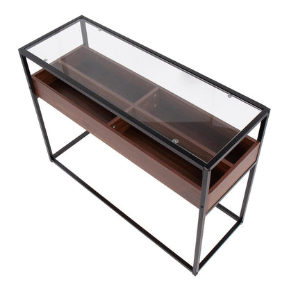 Black Steel, Walnut Wood, Clear Glass Display Console Table