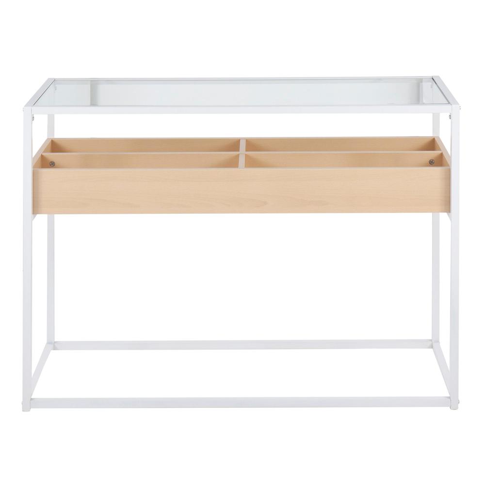 White Steel, Natural Wood, Clear Glass Display Console Table