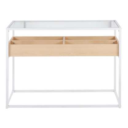 White Steel, Natural Wood, Clear Glass Display Console Table