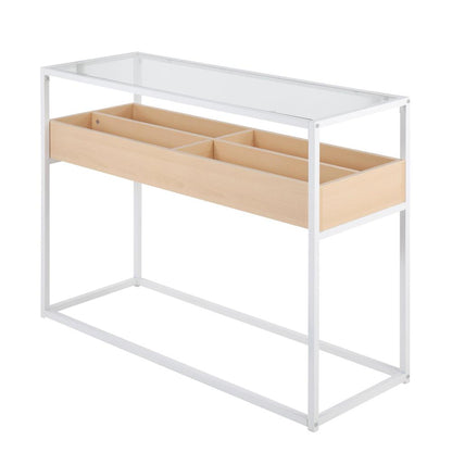 White Steel, Natural Wood, Clear Glass Display Console Table