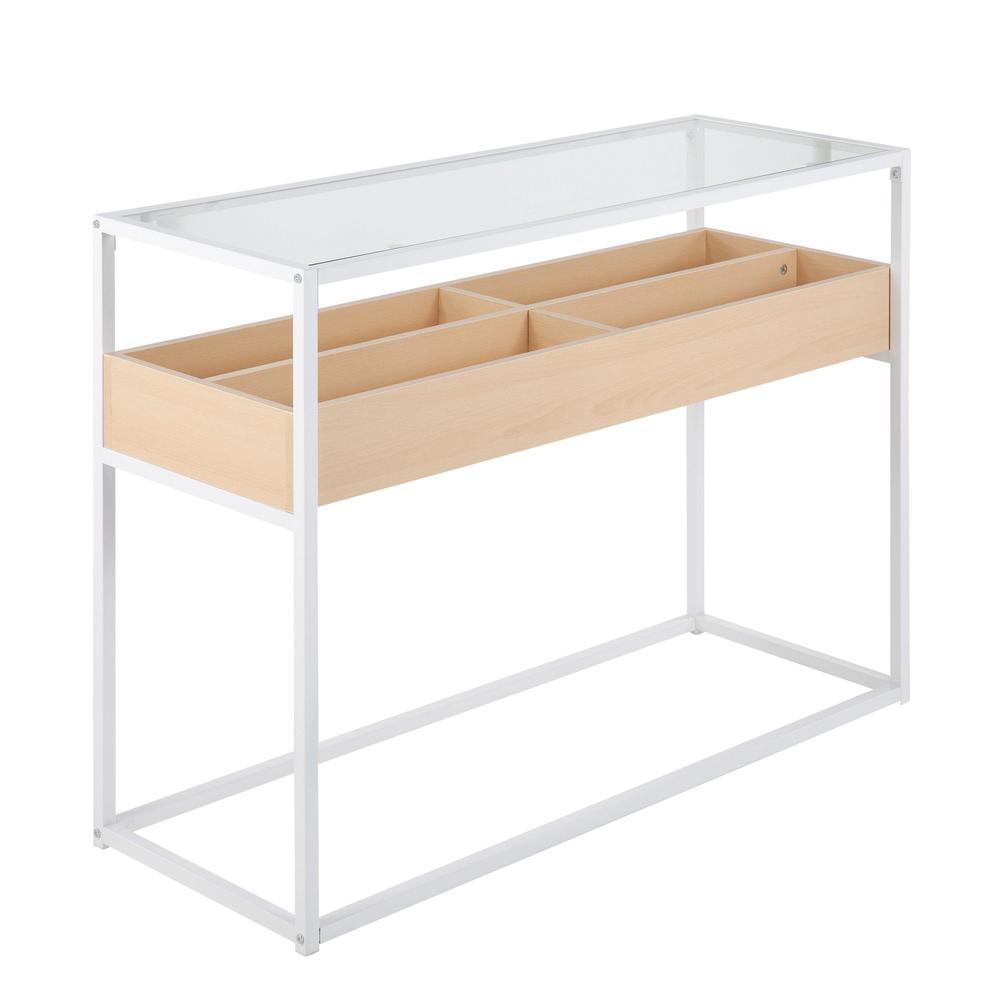 White Steel, Natural Wood, Clear Glass Display Console Table