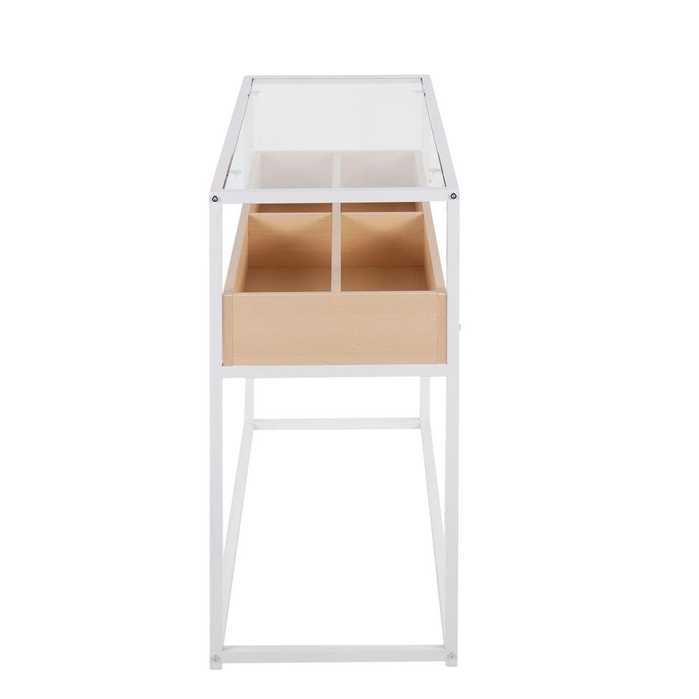 White Steel, Natural Wood, Clear Glass Display Console Table