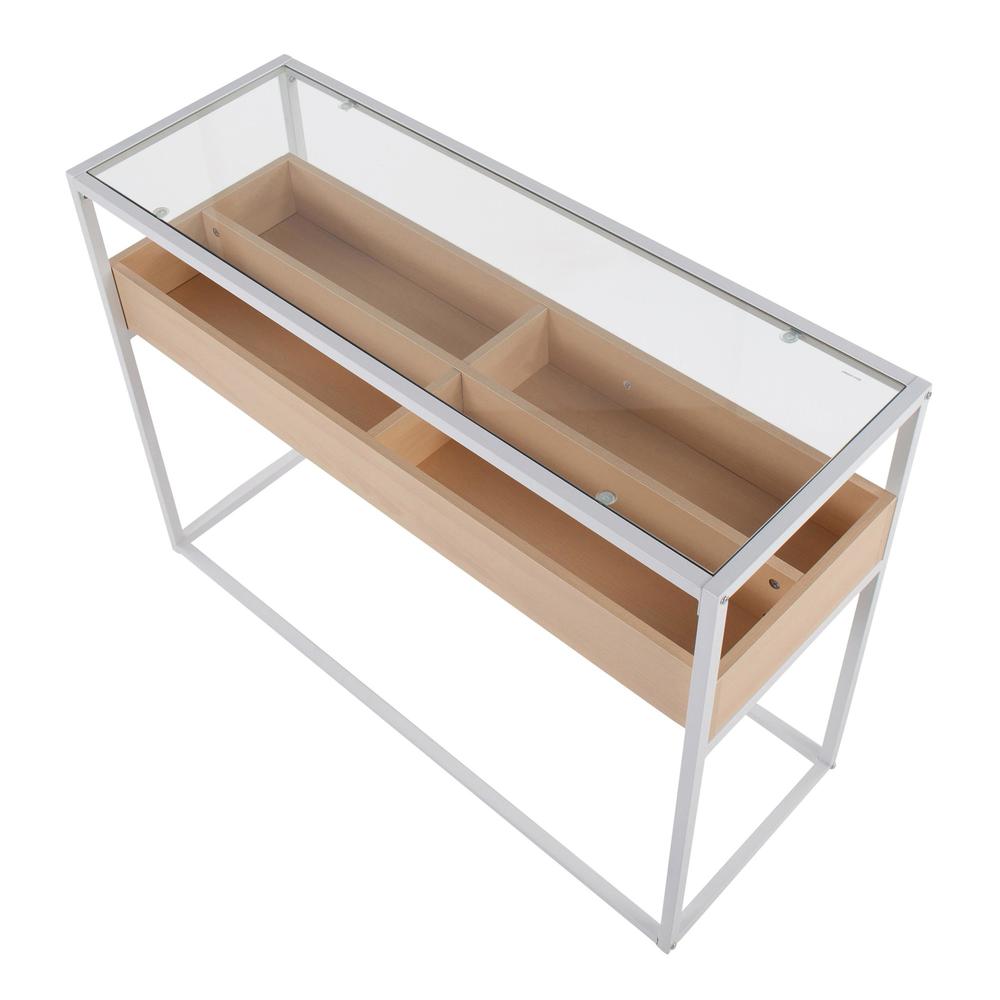 White Steel, Natural Wood, Clear Glass Display Console Table