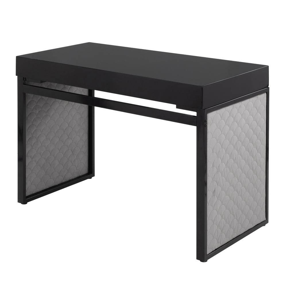 Black Steel, Black MDF, Silver Velvet Drift Upholstered Desk
