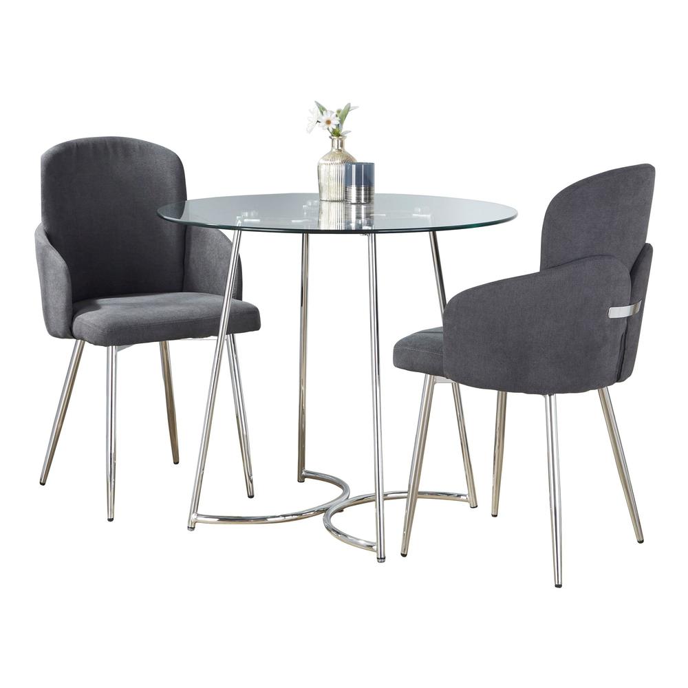 Chrome Metal, Clear Glass, Grey Fabric Cece-Dahlia Dining Set - 3 Piece