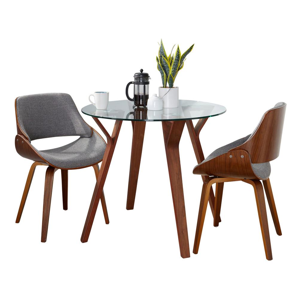Walnut Wood, Clear Glass, Grey Fabric Folia Round Fabrizzi Dining Set - 3 Piece