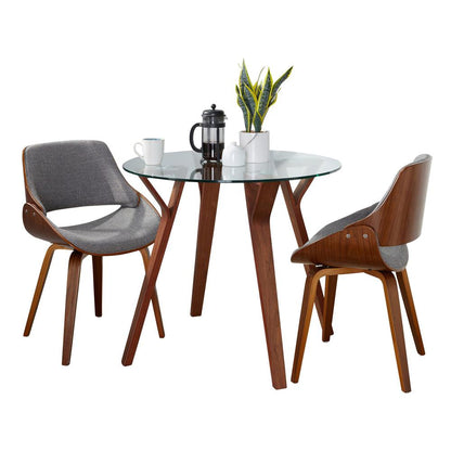 Walnut Wood, Clear Glass, Grey Fabric Folia Round Fabrizzi Dining Set - 3 Piece