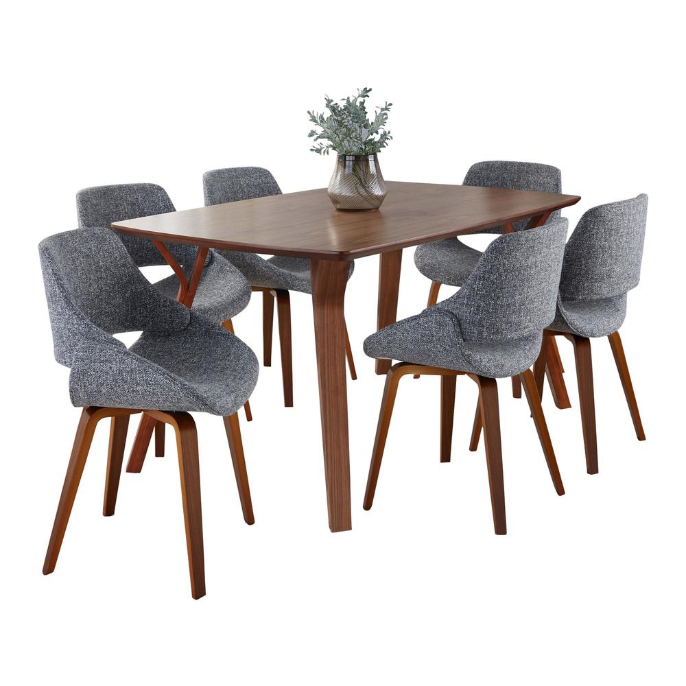 Walnut Wood, Grey Noise Fabric Folia Fabrico Dining Set - 7 Piece