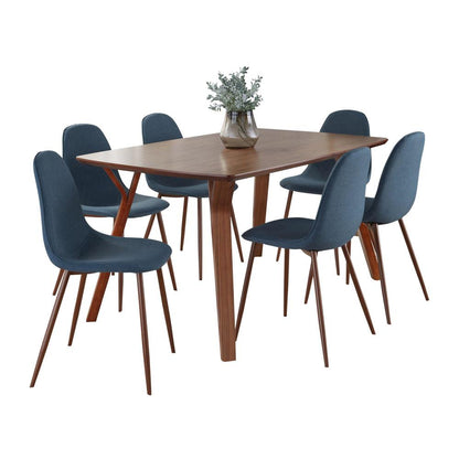 Walnut Wood, Walnut Metal, Blue Fabric Folia Pebble Dining Set - 7 Piece