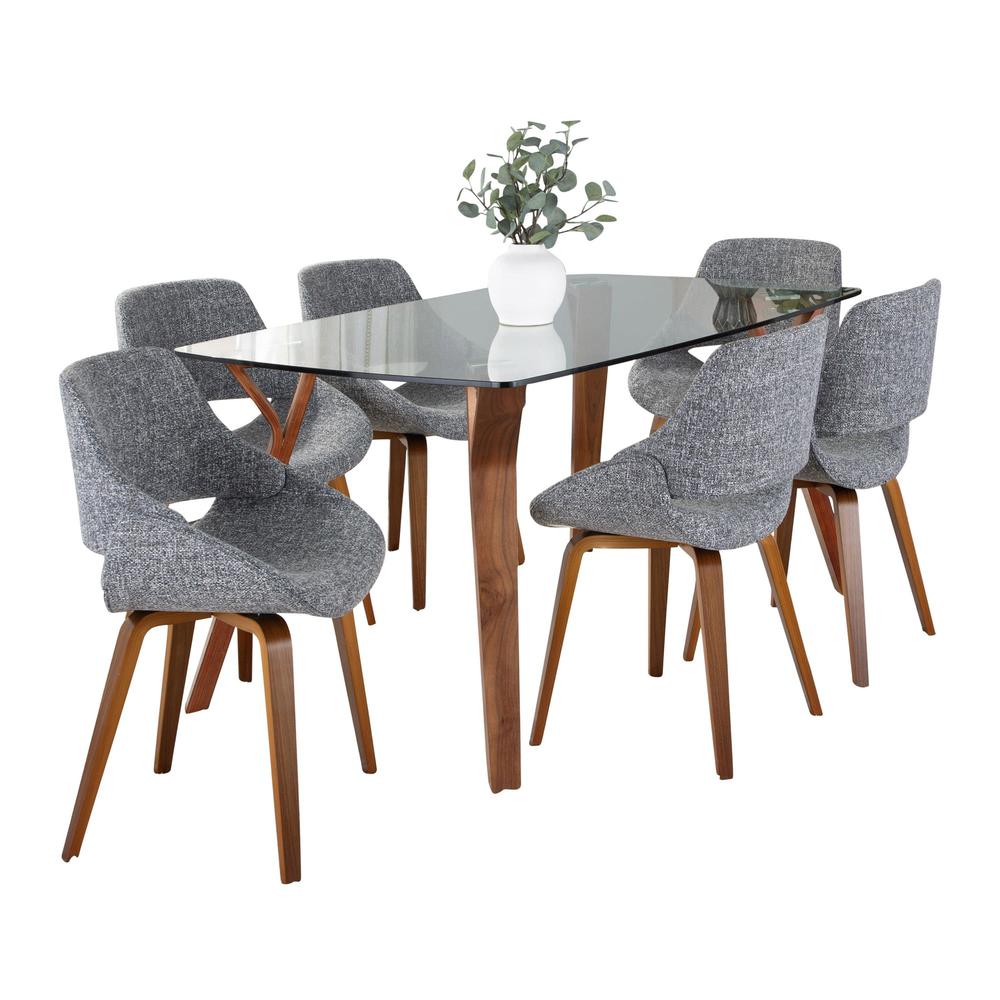 Walnut Wood, Clear Glass, Grey Fabric Folia Fabrico Dining Set - 7 Piece