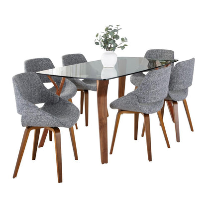 Walnut Wood, Clear Glass, Grey Fabric Folia Fabrico Dining Set - 7 Piece