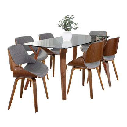 Walnut Wood, Clear Glass, Grey Fabric Folia Fabrizzi Dining Set - 7 Piece