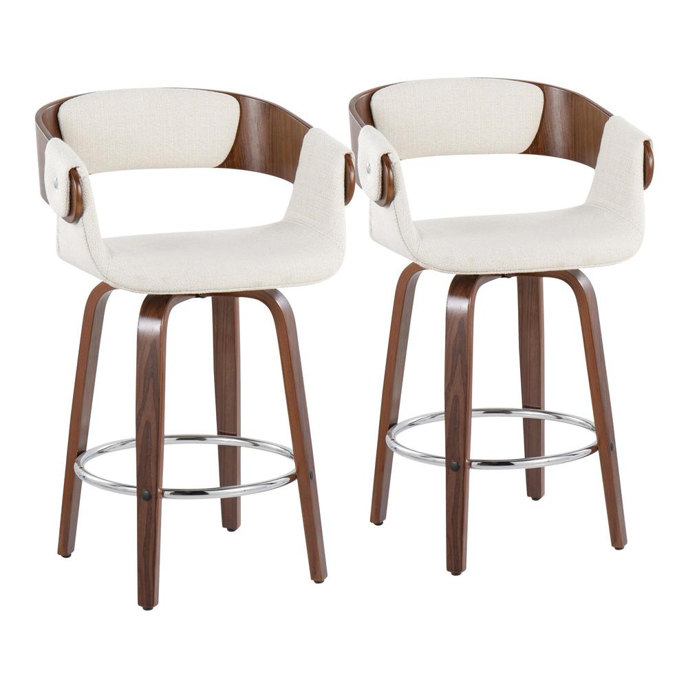 Walnut Wood, Cream Fabric, Chrome Elisa Counter Stool - Set of 2