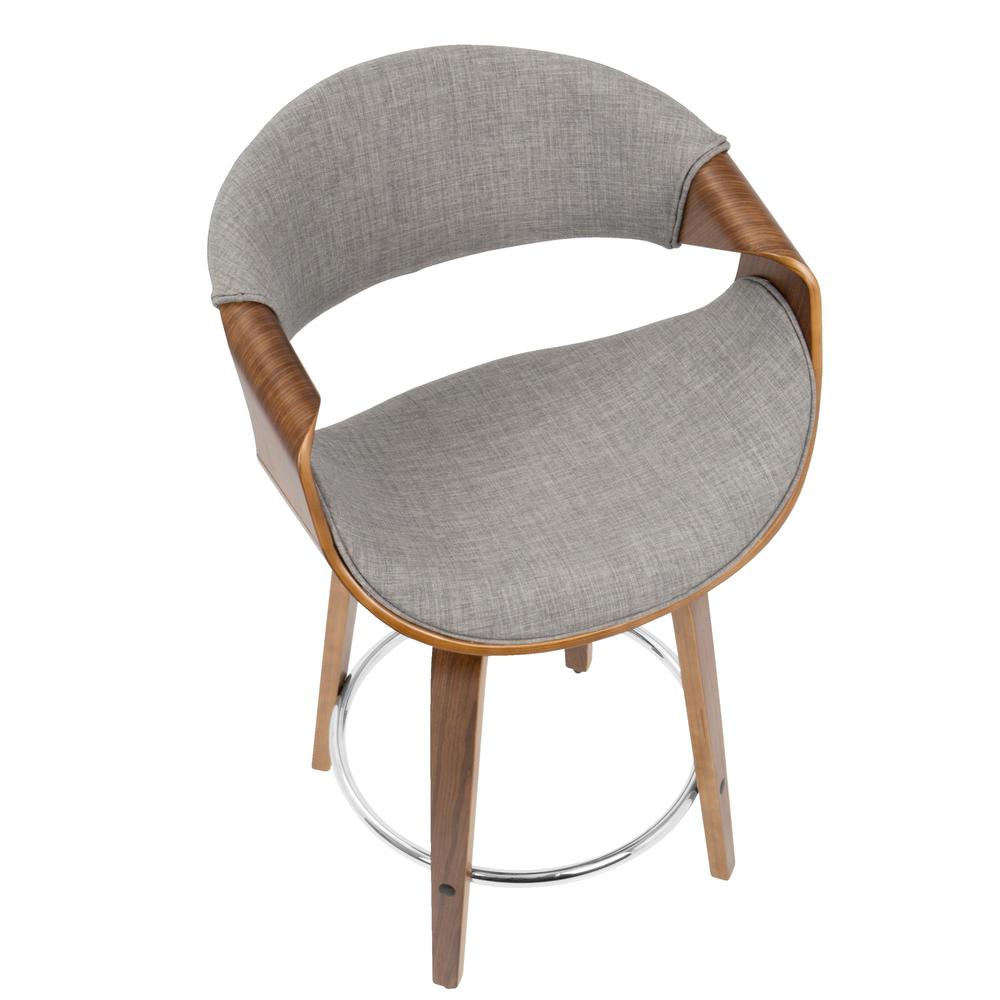 Walnut Wood, Light Grey Fabric, Chrome Curvini 24'' Counter Stool - Set of 2