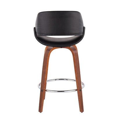 Walnut Wood, Black PU, Chrome Fabrico Fixed-Height Counter Stool - Set of 2