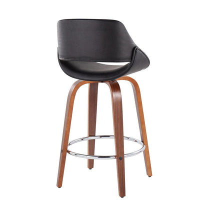 Walnut Wood, Black PU, Chrome Fabrico Fixed-Height Counter Stool - Set of 2