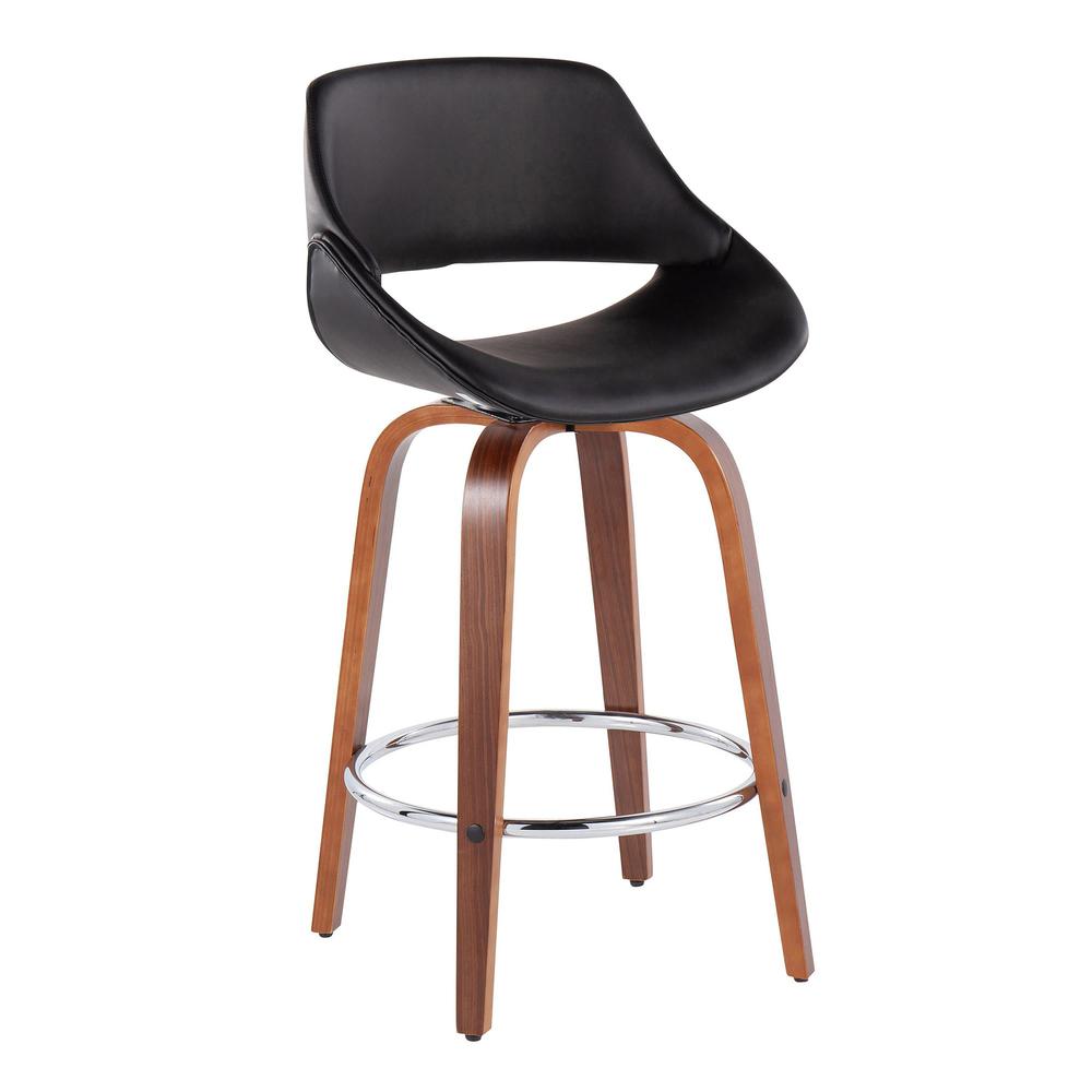 Walnut Wood, Black PU, Chrome Fabrico Fixed-Height Counter Stool - Set of 2