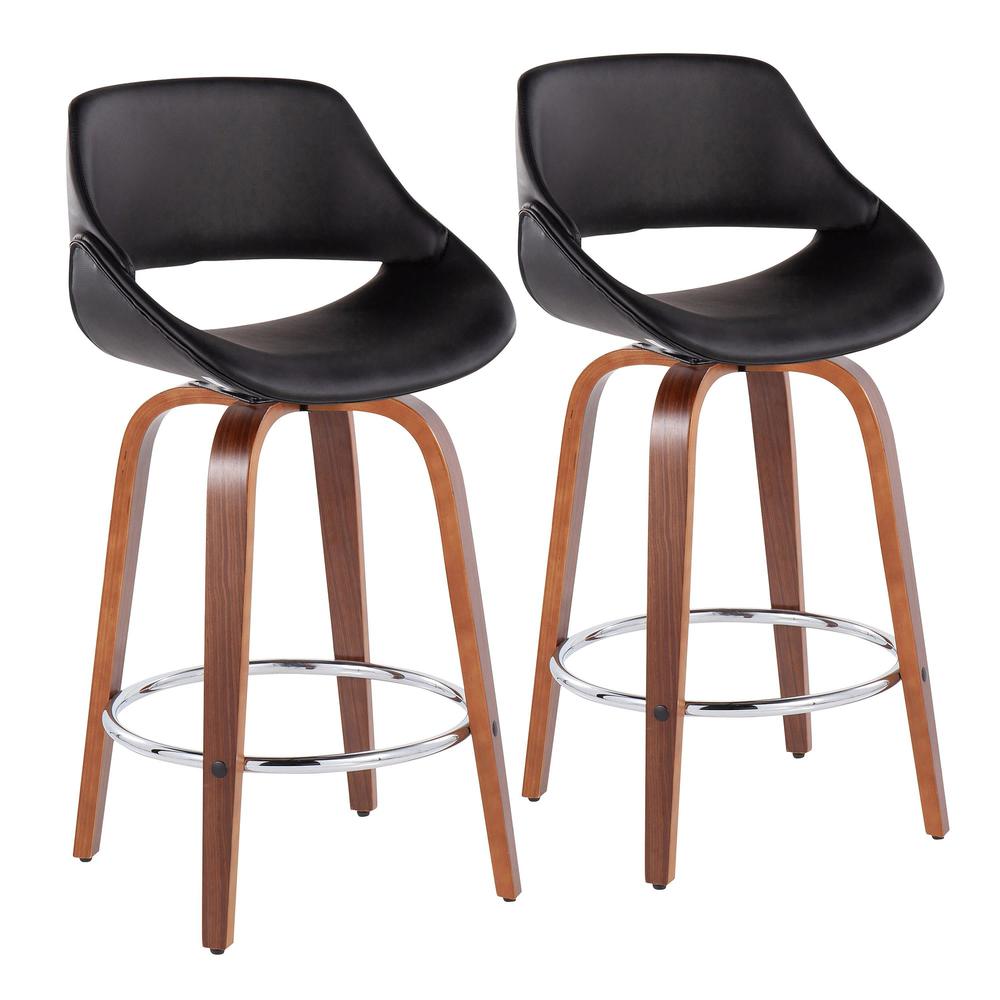 Walnut Wood, Black PU, Chrome Fabrico Fixed-Height Counter Stool - Set of 2
