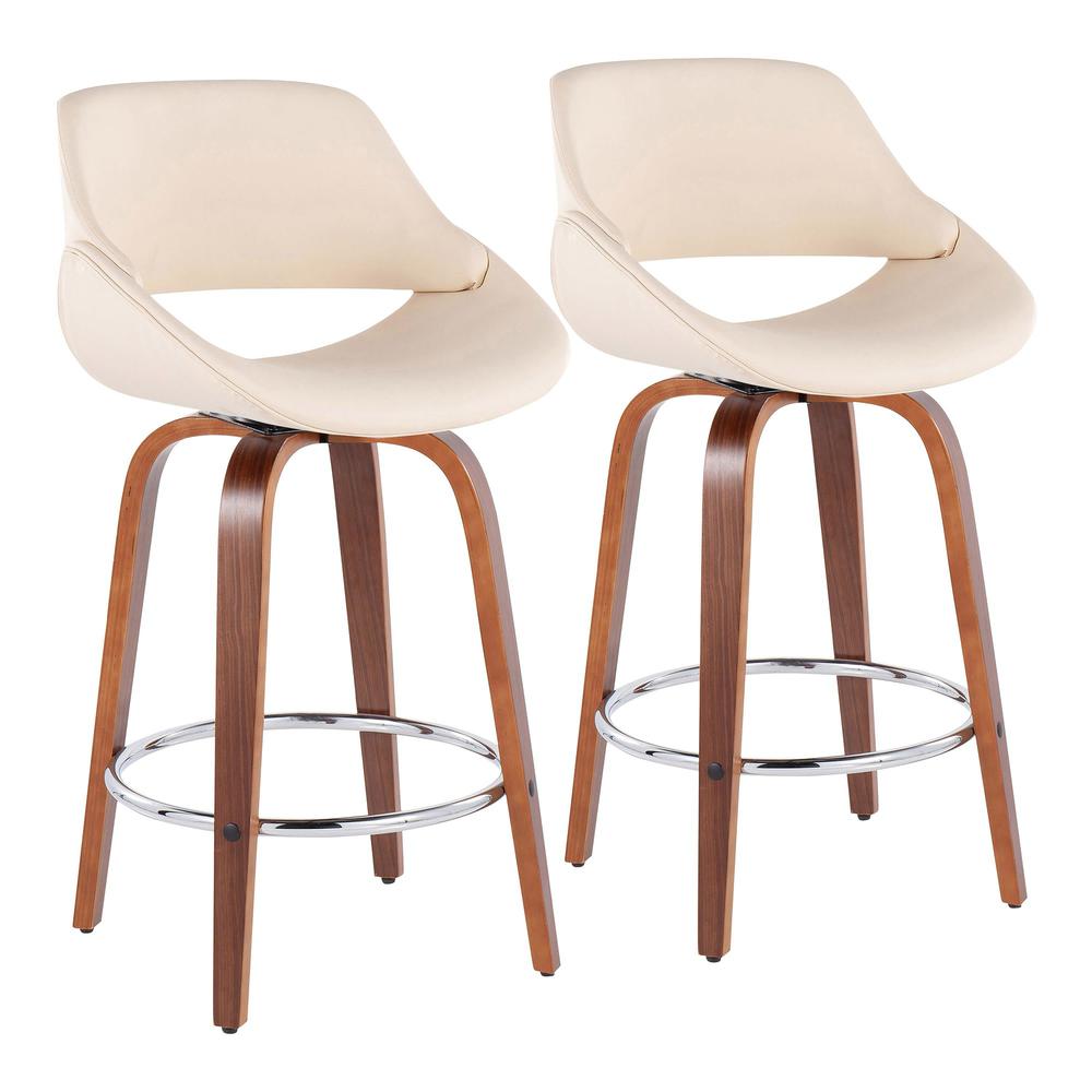 Walnut Wood, Cream PU, Chrome Fabrico Fixed-Height Counter Stool - Set of 2