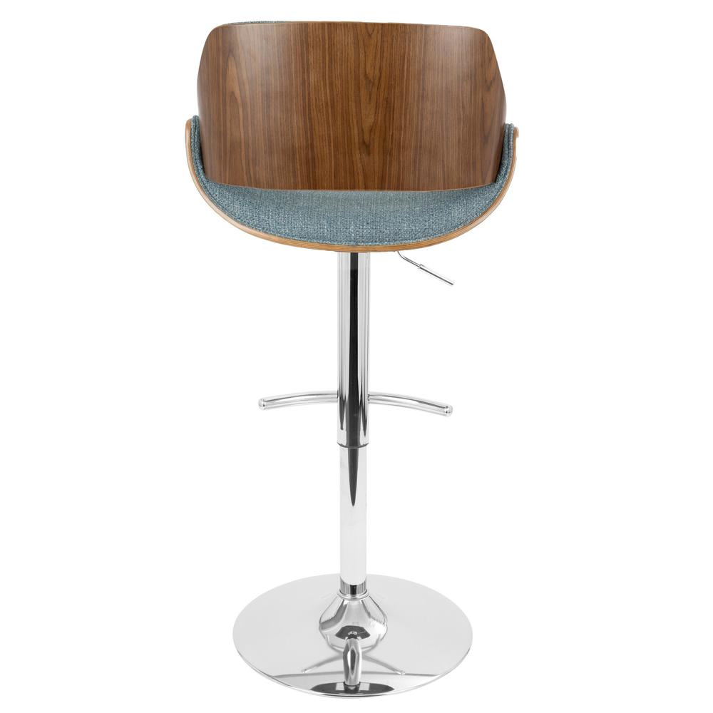 Chrome, Walnut Wood, Blue Fabric Fabrizzi Adjustable Barstool - Set of 2