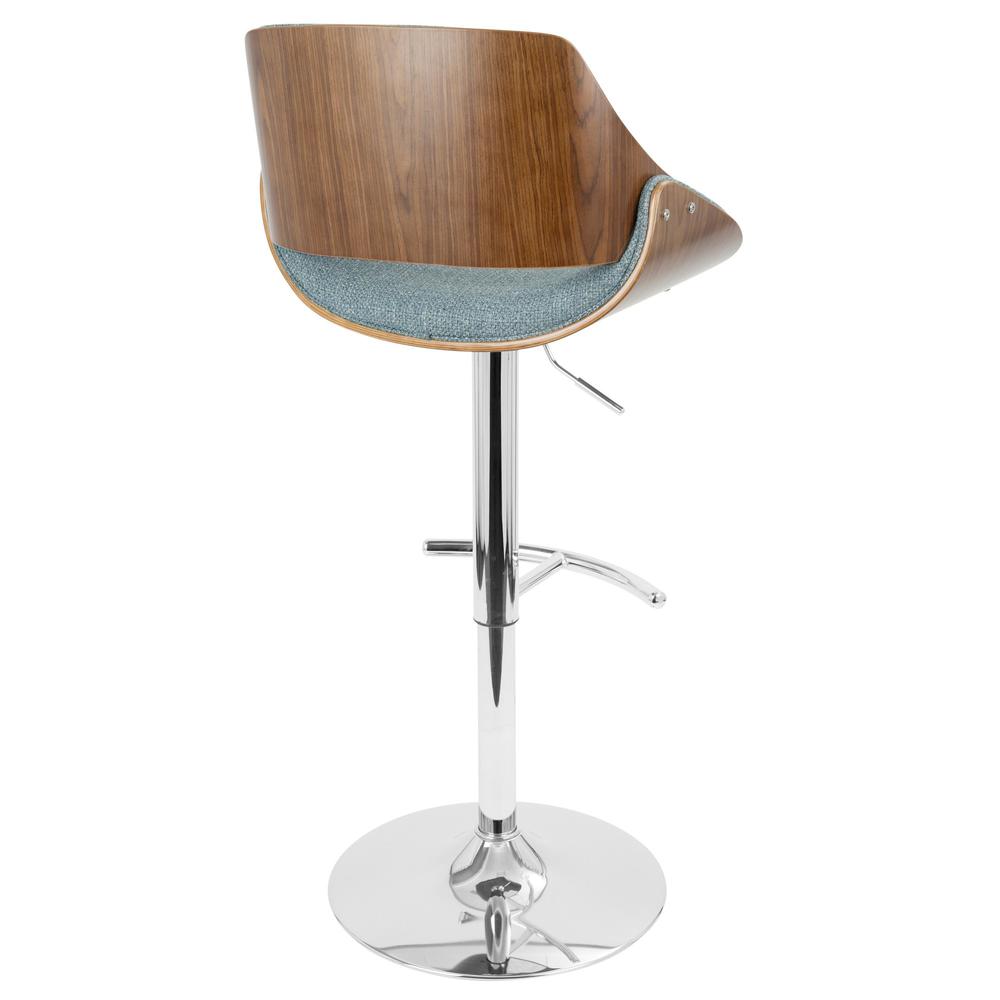 Chrome, Walnut Wood, Blue Fabric Fabrizzi Adjustable Barstool - Set of 2