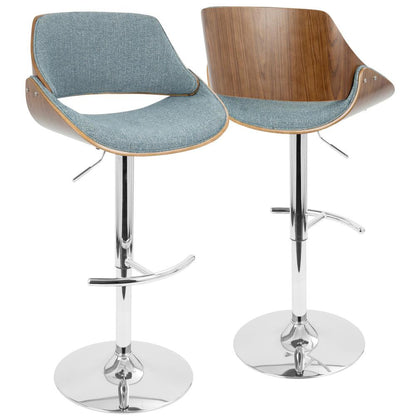 Chrome, Walnut Wood, Blue Fabric Fabrizzi Adjustable Barstool - Set of 2