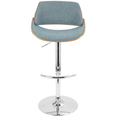 Chrome, Walnut Wood, Blue Fabric Fabrizzi Adjustable Barstool - Set of 2