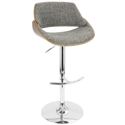Chrome, Walnut Wood, Grey Noise Fabric Fabrizzi Adjustable Barstool - Set of 2