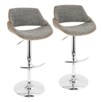 Chrome, Walnut Wood, Grey Noise Fabric Fabrizzi Adjustable Barstool - Set of 2